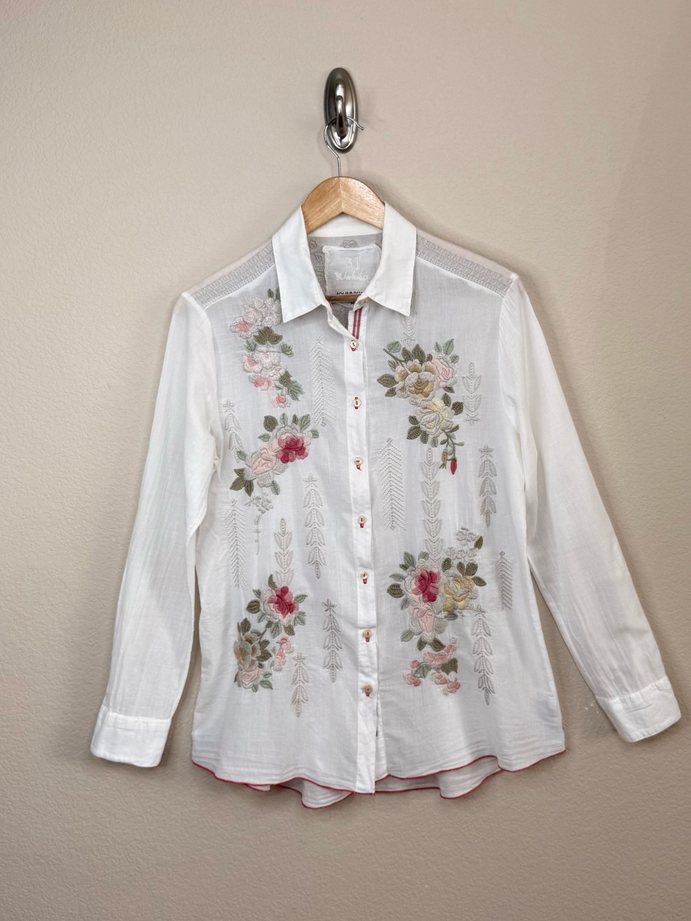 JOHNNY WAS Cotton White Floral Embroidered Button-Up Blouse Roll Sleeve Sz M